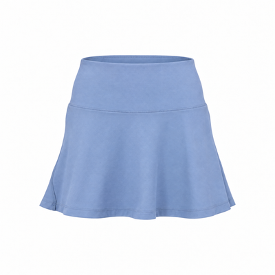 A light blue athletic skort with a high-waisted, flared silhouette, shown against a plain white background.