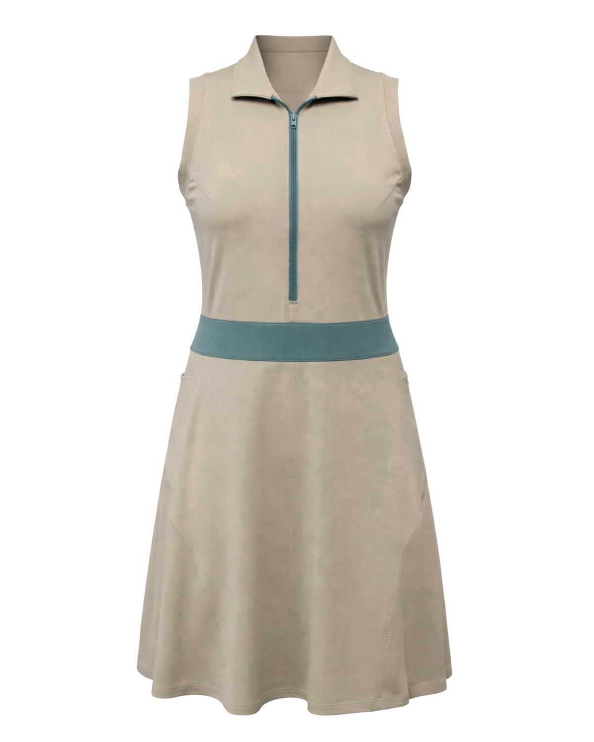 Beige sleeveless dress with a blue accent on a white background