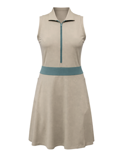 Beige sleeveless dress with a blue accent on a white background
