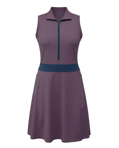 Purple sleeveless dress with a blue accent on a white background