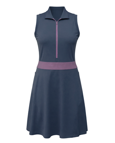Navy sleeveless dress with purple accents on a white background