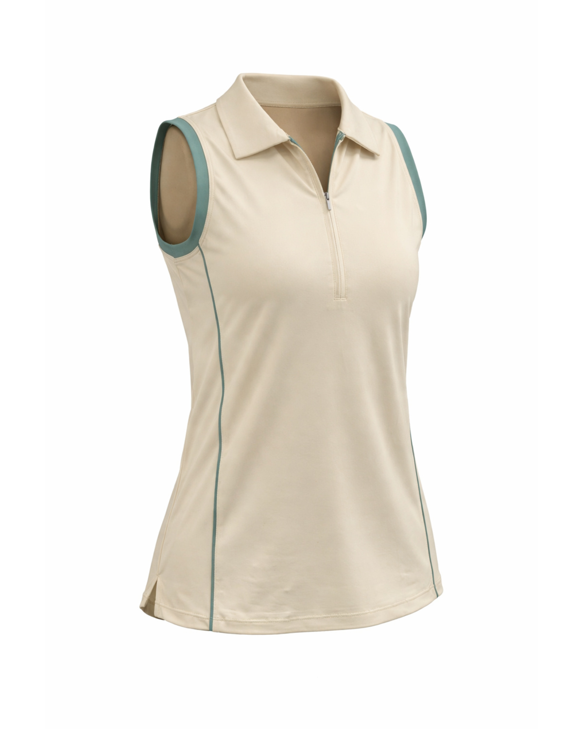 Beige sleeveless polo shirt with green accents on a white background