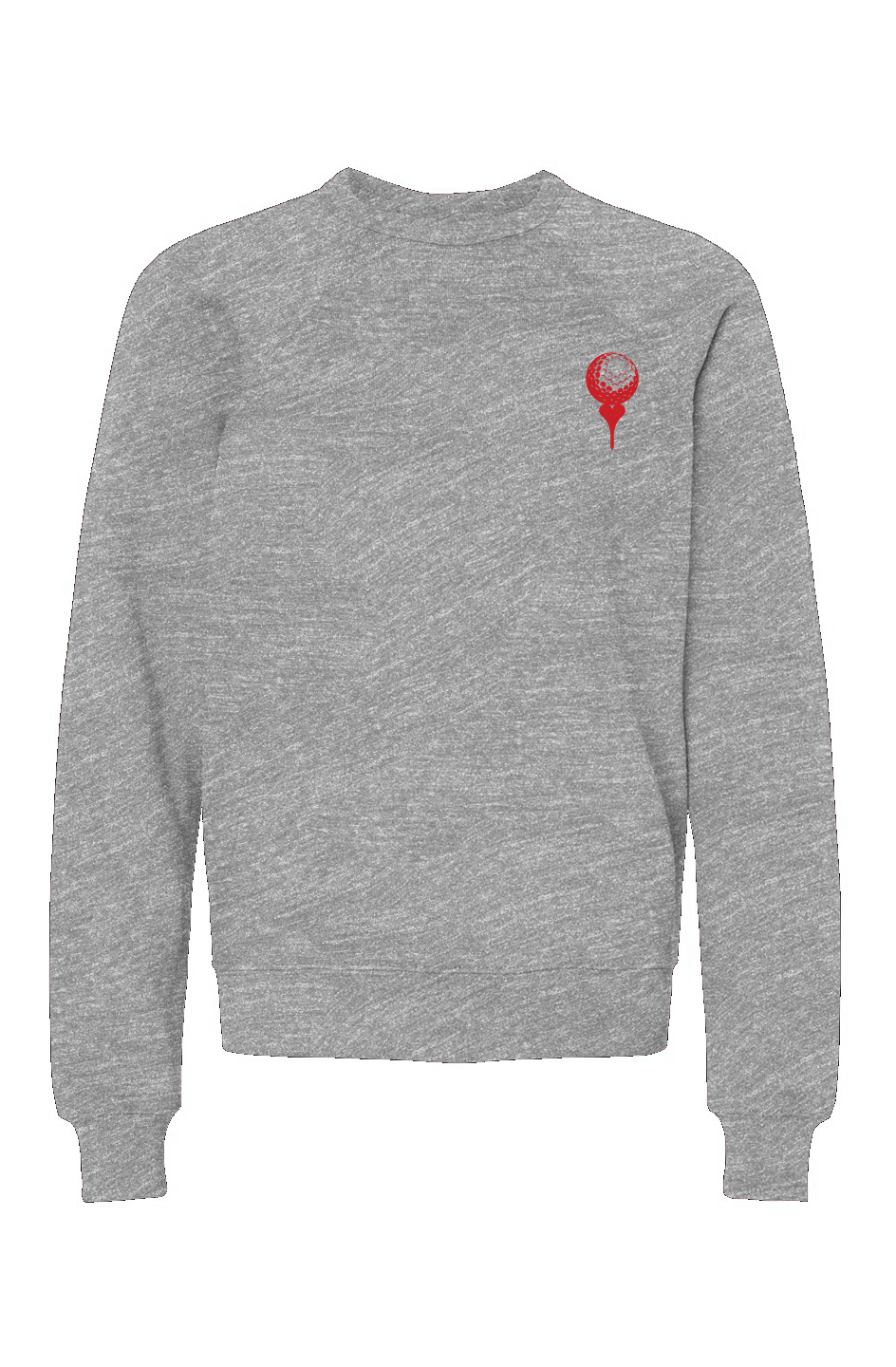 Gray sweatshirt with a red logo on the chest against a white background