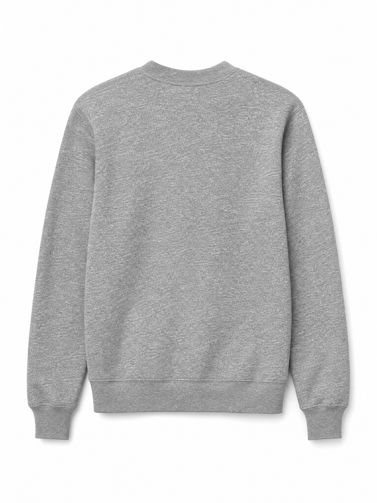 A light gray heather crewneck sweatshirt shown from the back, laid flat against a clean white background.