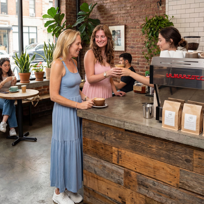 Woman in a blue dress receiving a coffee from a barista in a cozy cafe.