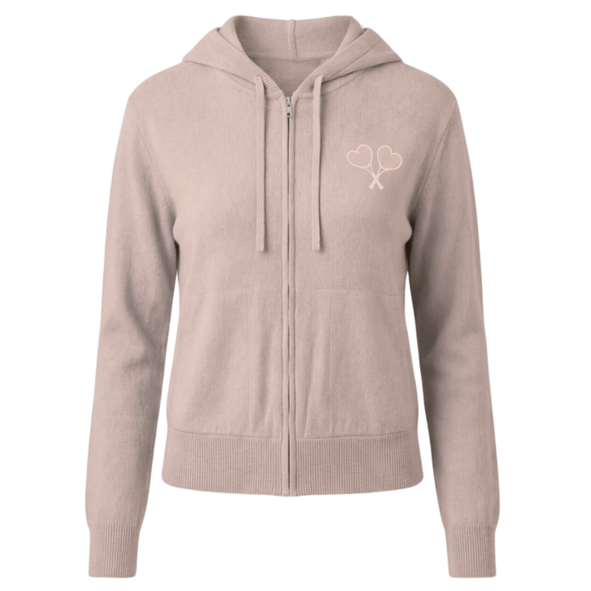 Pink hoodie with a logo on the chest against a white background
