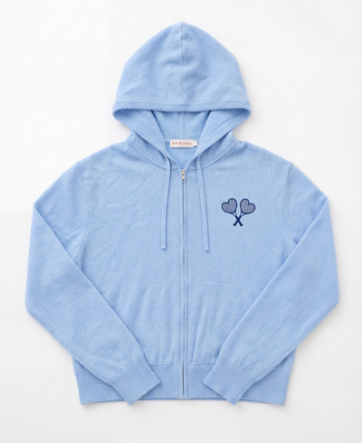 Light blue hoodie with a logo on the chest against a white background