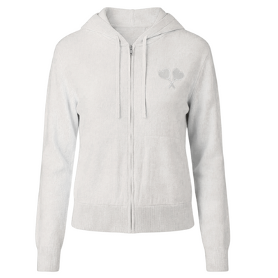 Light gray zip-up hoodie with a small design on the chest against a white background