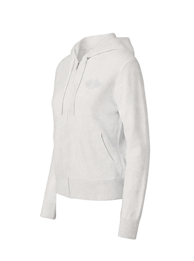 White zip-up hoodie on a white background
