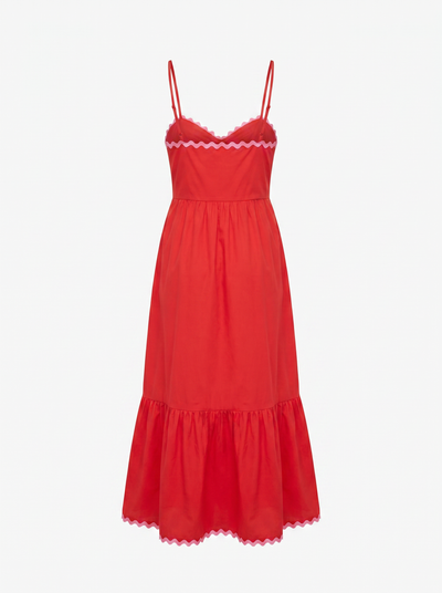 A red spaghetti-strap midi dress with a tiered skirt and delicate white lace trim at the bust and hem, shown against a plain white background.