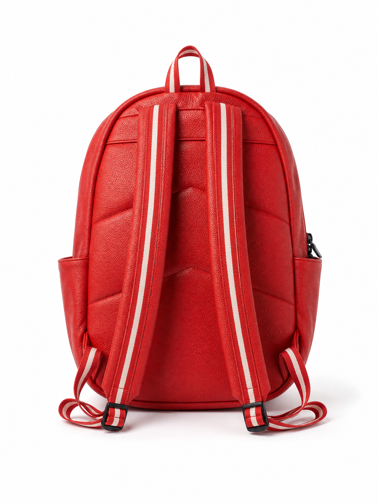 Red backpack shown from the back, featuring padded shoulder straps with white stripes, side pockets, and a top carry loop on a white background.