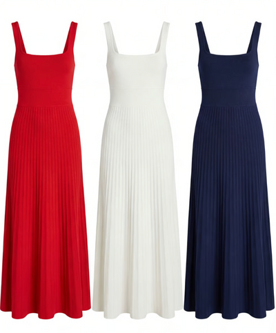 Three long dresses in red, white, and blue on a white background